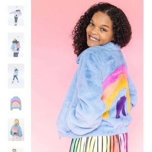 Lola + The Boys Rainbow Faux Fur Zip Up Jacket. Size 10, Blue